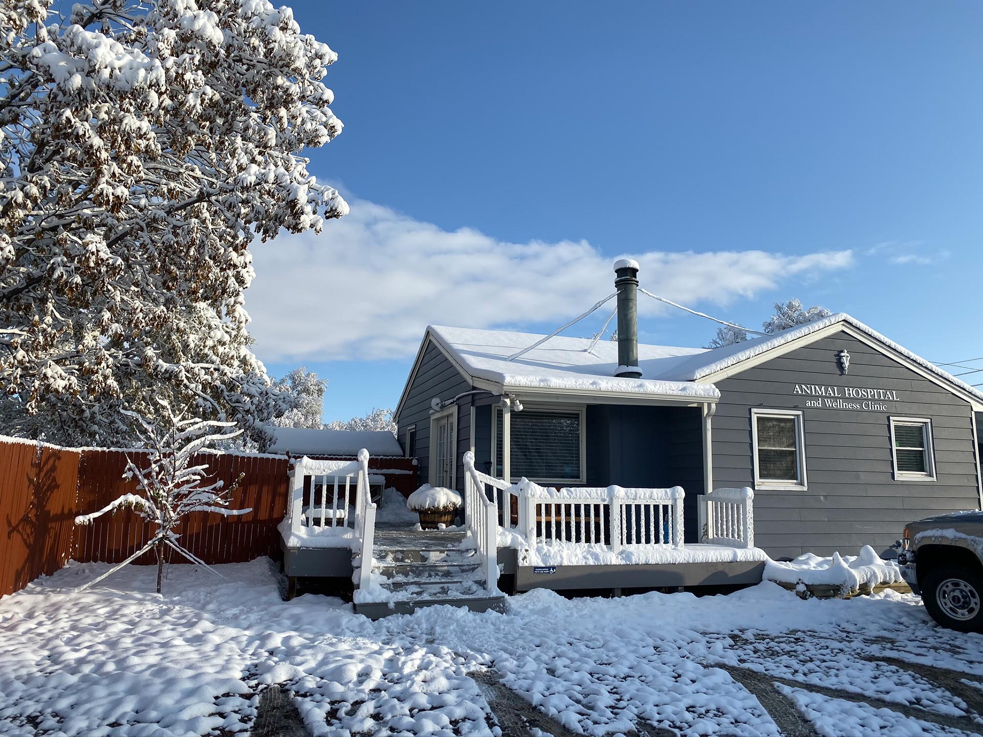 The original Homeward Bound clinic building in winter